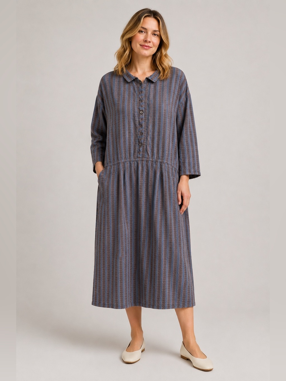 Angelheart Designs Vintage Long Sleeve Brown Stripe Midi Dress Cotton Med